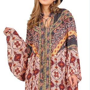 UMGEE Daydream Believer Berry Multi Print Boho Tunic Mini Dress | Medium